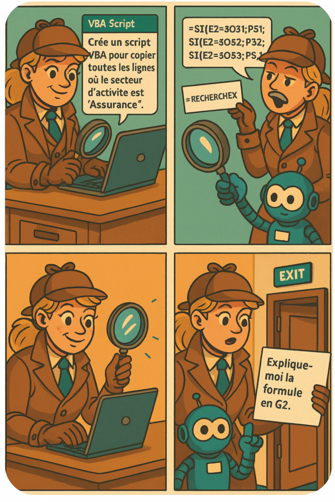 Copilot Excel. Illustration humoristique en 4 cases : une formatrice style Sherlock Holmes utilise Copilot dans Excel pour générer un script VBA, simplifier une formule complexe avec RECHERCHEX, créer un graphique d’activité, et comprendre une formule mystérieuse. Inspiré de l’univers de l’enquête et des données, par ThinkMag.