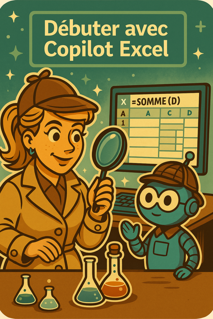 Illustration style bande dessinée vintage représentant une formatrice en détective avec loupe, accompagnée d’un petit robot, devant un tableau de données Excel. Thème : apprendre les bases avant d’utiliser Copilot Excel.