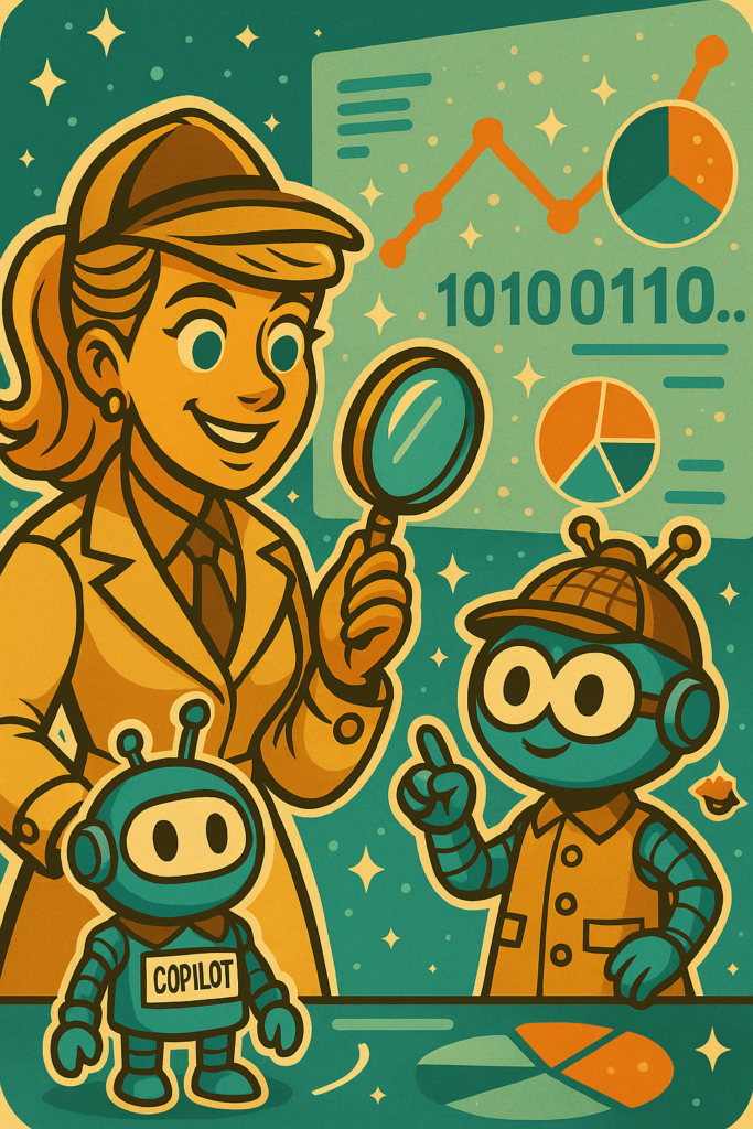 Illustration vintage d’une enquêtrice blonde avec une loupe et un robot assistant façon détective, analysant des données dans Copilot Excel. Style bande dessinée rétro, ambiance Sherlock Holmes, décor numérique avec graphiques et tableaux dynamiques.
