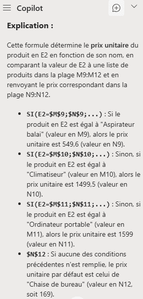 Copilot Excel Explication formule