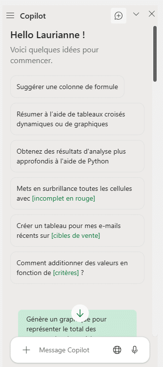 Copilot Excel Volet de discussion