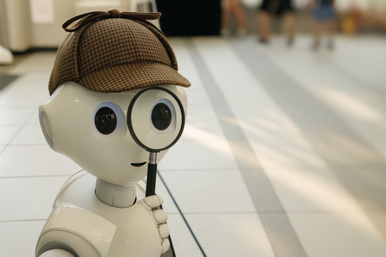 Robot assistant en détective privé avec chapeau Deerstalker et loupe – illustration humoristique sur l’IA et l’analyse de données.