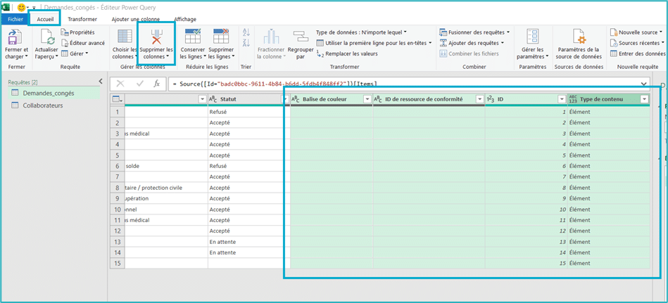 Excel Power Query supprimer les colonnes