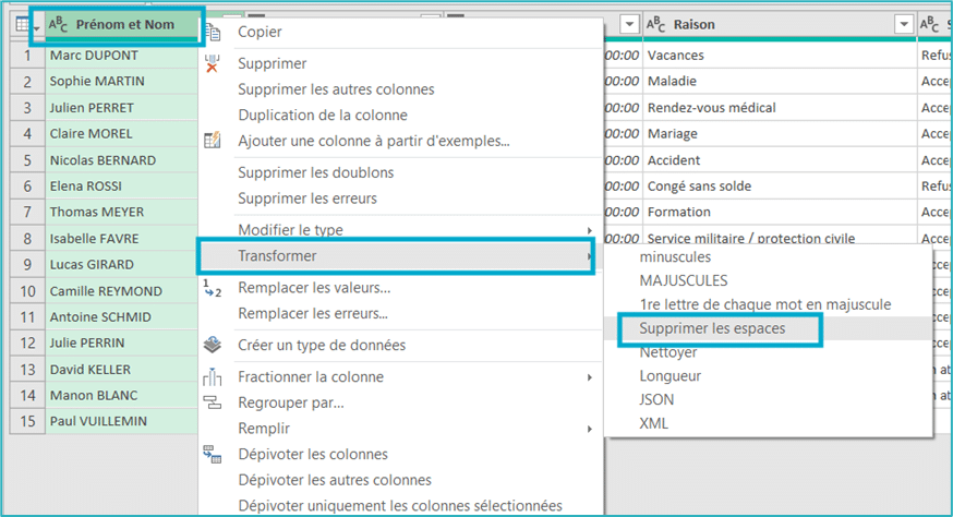 Power Query supprimer les espaces
